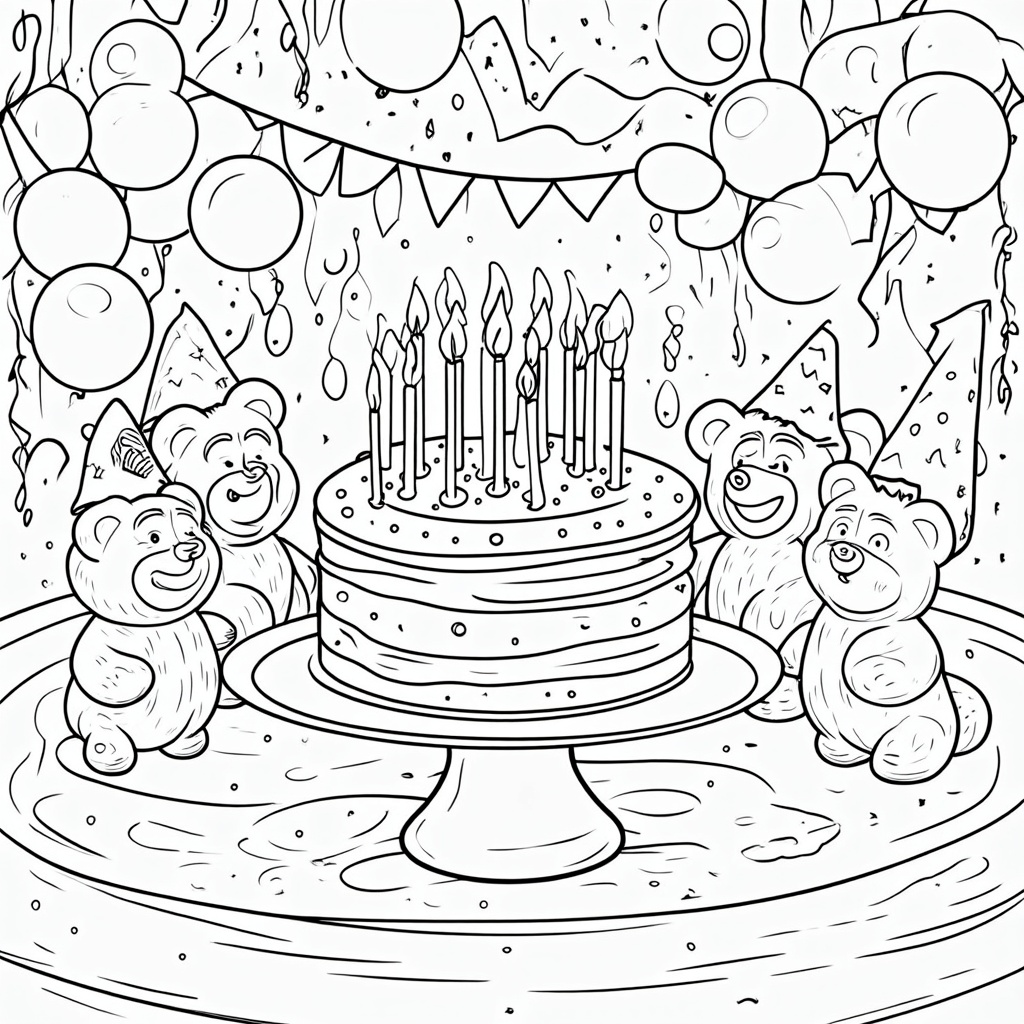 Gummy bears gathered around a giant gummy birthday cake with gummy candles, wearing party hats, surrounded by gummy balloons and streamers.