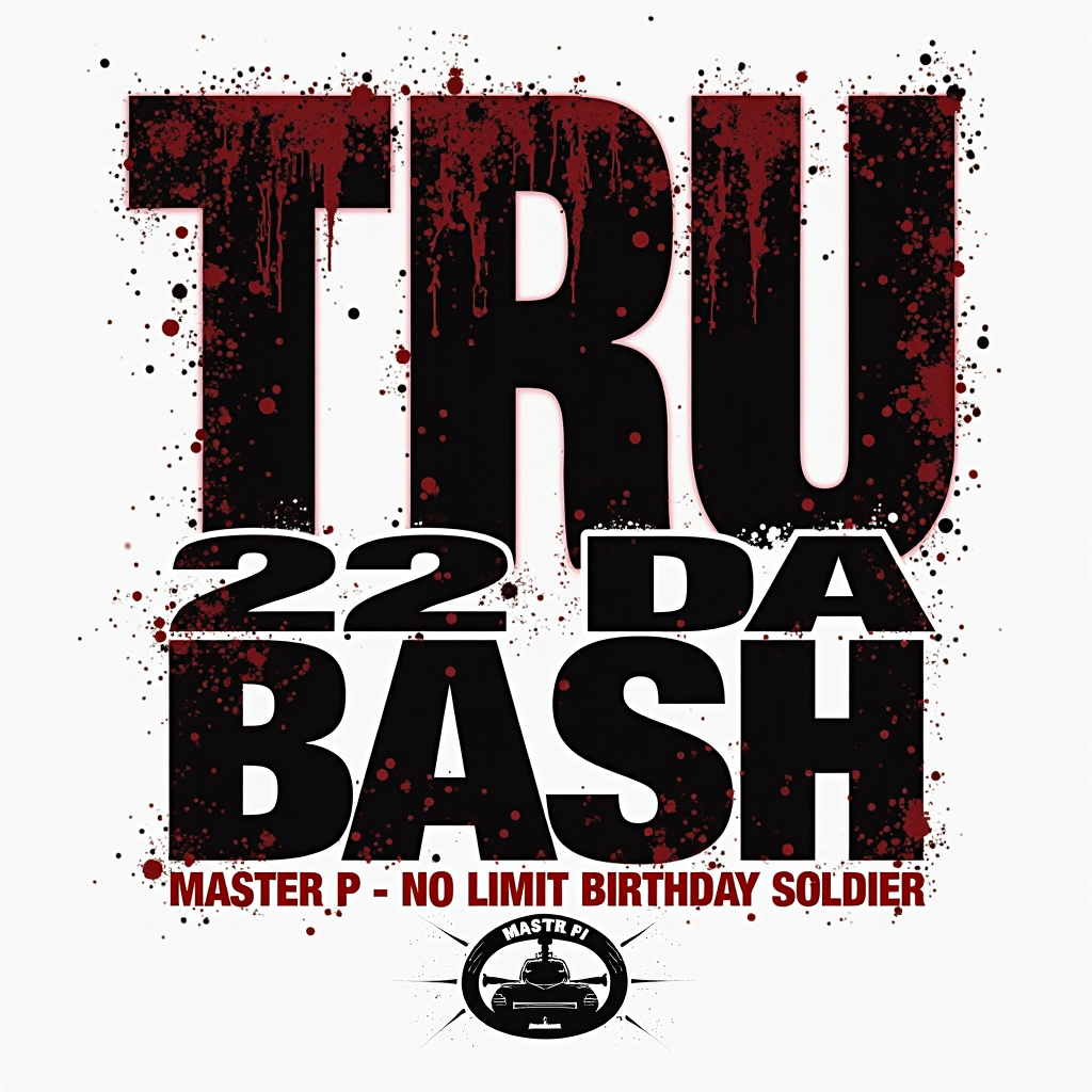 TRU 2 DA BASH Emblem: A bold typographic design playing on 'TRU'. Feature 'TRU' prominently, with '2 DA BASH' integrated below or within. Incorporate the No Limit tank symbol subtly, perhaps replacing a letter or as a background. Tagline: 'Master P - No Limit Birthday Soldier.'
