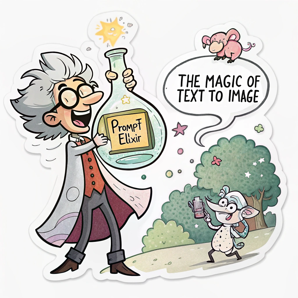A sticker featuring a 'mad scientist' or 'wizard' character gleefully holding a glowing vial labeled 'Prompt Elixir.' From the vial, tiny, whimsical images (like a flying pig, a talking tree) are escaping like magical bubbles, with the text 'The Magic of Text-to-Image' incorporated.