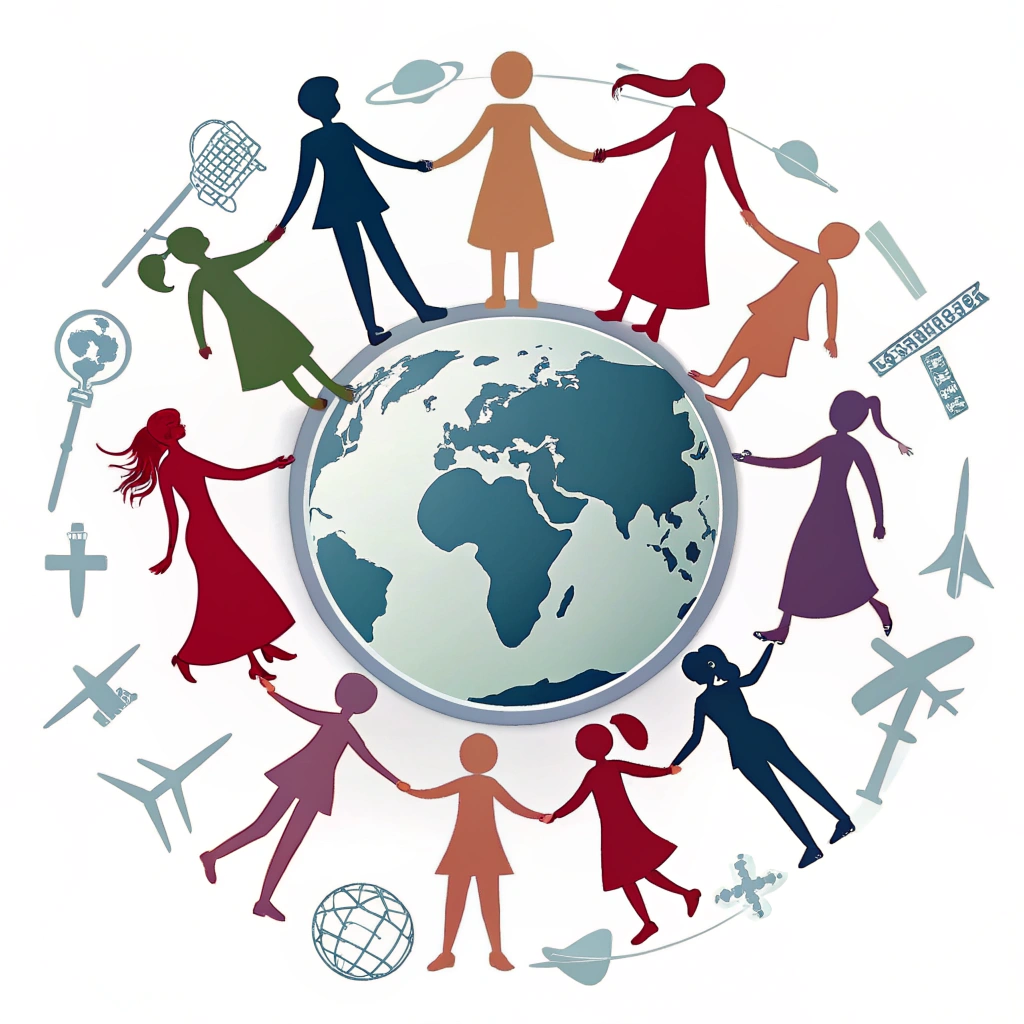 A design incorporating silhouettes of women of different ages holding hands, forming a circle around the earth. The earth can have subtle details indicating technology and progress.