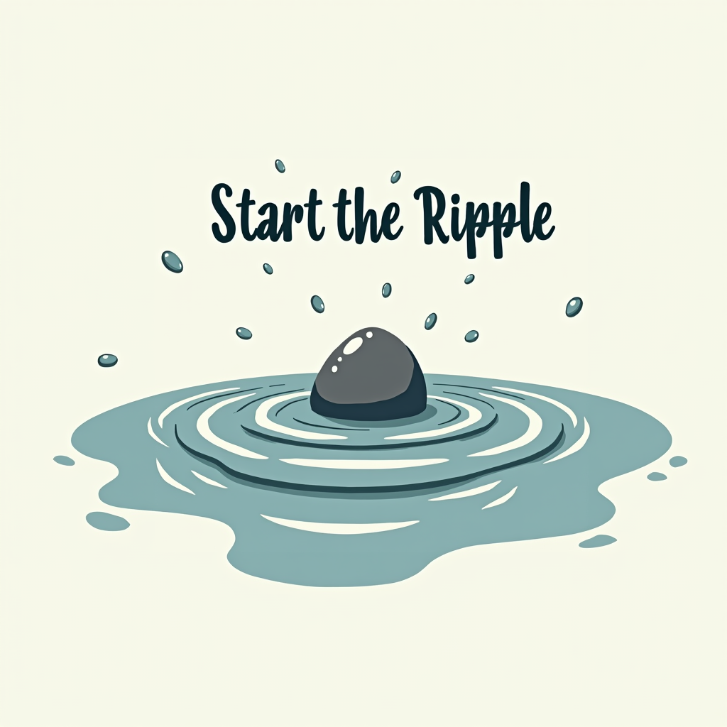 A single pebble dropping into water graphic, with text 'Start the Ripple' integrated into the wave design.