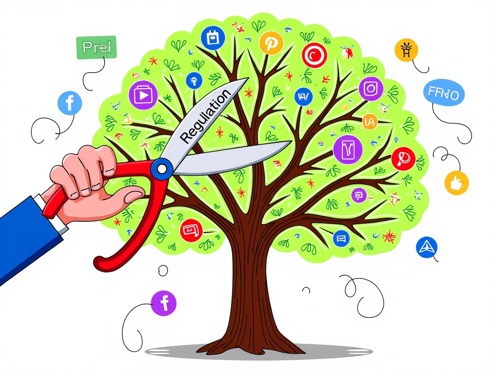 Illustration 3: A large hand holding pruning shears labeled 'Regulation' cutting branches off a vibrant tree whose leaves are various social media icons and symbols of free speech/ideas. Some cut branches represent harmful content, others represent potentially innovative features.