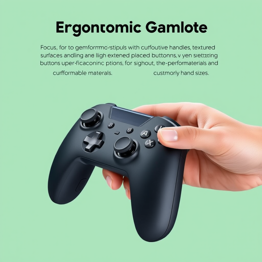 Ergonomic Gaming Remote: Focus on comfort and grip with sculpted handles, textured surfaces, and strategically placed buttons for extended gaming sessions. Use high-performance materials and customizable options to cater to different hand sizes.