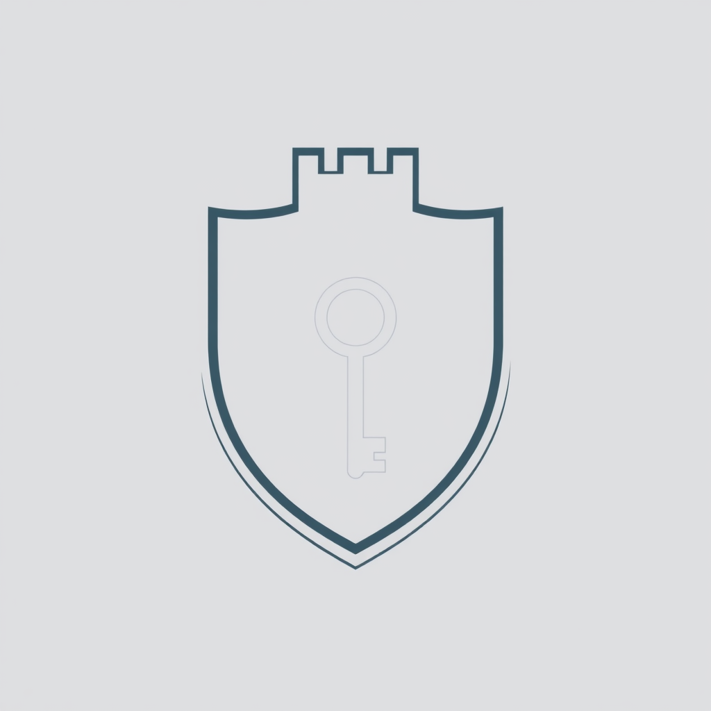 Simple Icon Idea: A stylized medieval shield outline containing a single, bold, central vertical circuit line that subtly forms the shape of a key or a simplified castle tower at its apex.