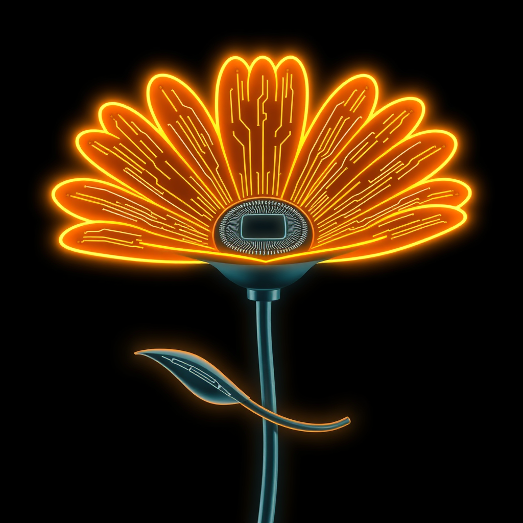 A daisy with petals resembling circuit boards, illuminated by glowing neon lines, and a stem made of intertwined, sleek cables.