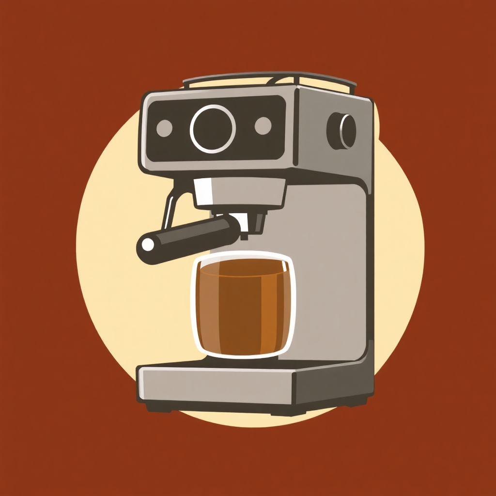 The image is an illustration of a coffee machine. The machine is silver in color and has a cylindrical shape with a handle on the top. It has two knobs on the front and a small window on the side. The coffee machine is placed on a brown background with a yellow circle around it. In front of the machine, there is a cup of freshly brewed coffee. The cup is filled with a dark brown liquid, which appears to be coffee.