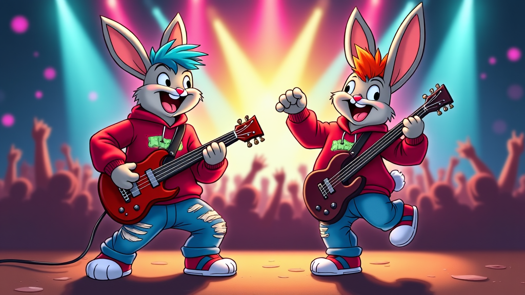 Hoodie with a vintage cartoon theme, highlighting punk rock bunnies holding guitars.