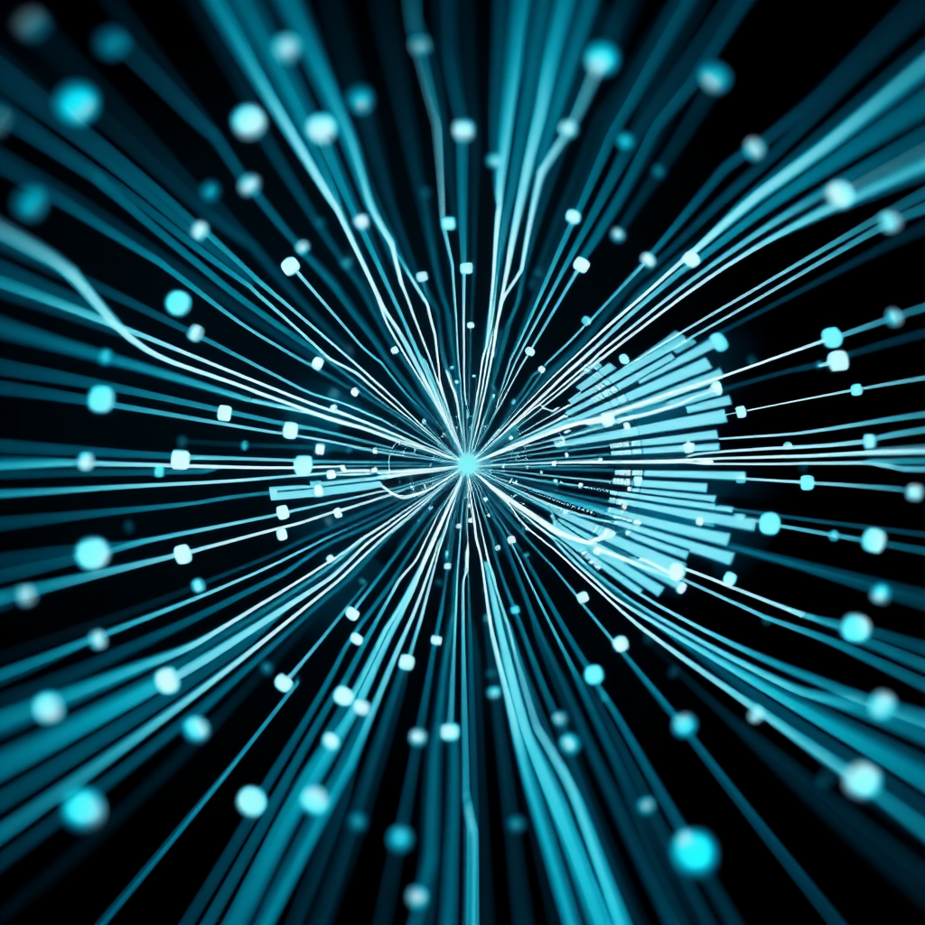 Algorithmic Bloom: Abstract data streams or algorithmic lines converging and then 'blooming' outwards into diverse forms like a flower, a burst, or simplified abstract content symbols (e.g., text lines, pixel blocks).