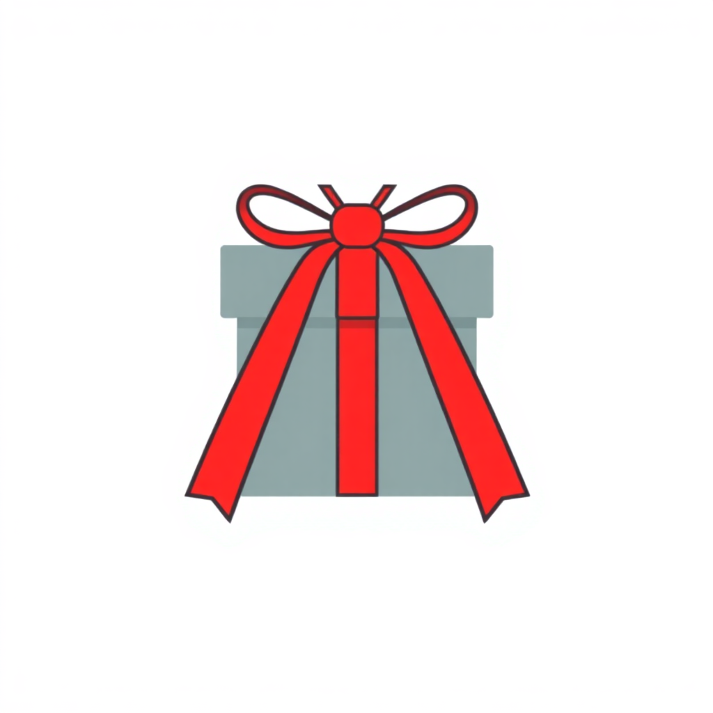 A stylized icon of a gift box with ribbons, using a minimalist and abstract approach.