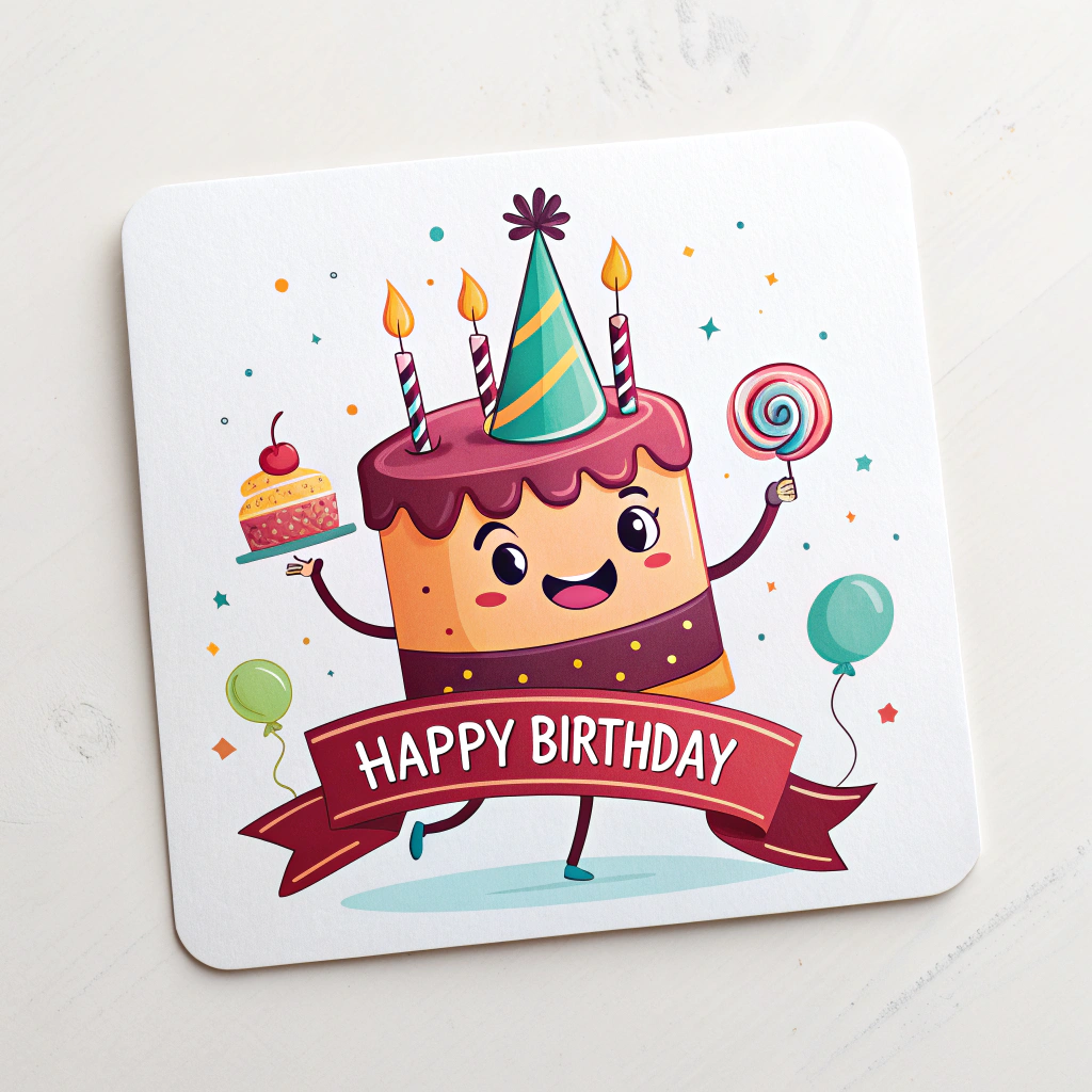 A square sticker featuring a cartoon-style birthday cake character with a party hat, holding a 'Happy Birthday' banner.