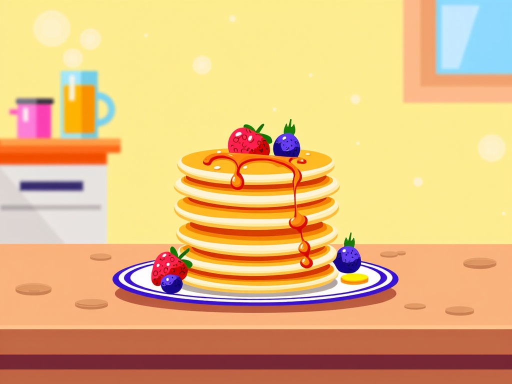  a stack of pancakes on a blue and white plate. The pancakes are golden brown and appear to be freshly made. On top of the stack, there are three fresh strawberries and two blueberries. A drizzle of syrup is dripping down the sides of the pancakes. The background is a yellow kitchen with a window and a sink. The overall color scheme of the image is bright and cheerful.