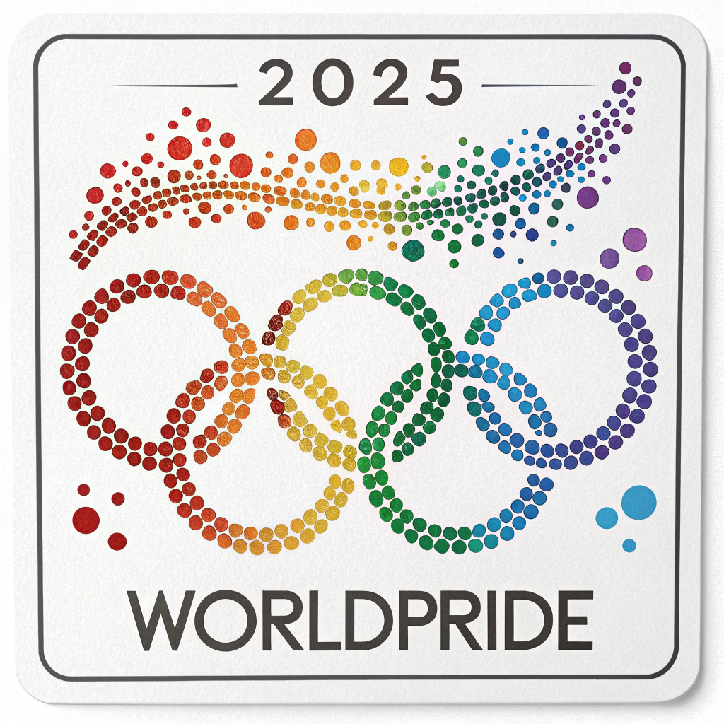 Global Connections Dot Matrix: Design a sticker where the WorldPride logo or the year '2025' is formed by a matrix of interconnected L.E.D.-like R.G.B. dots in Pride colors, representing the theme of global LGBTQ+ community connection and digital presence.