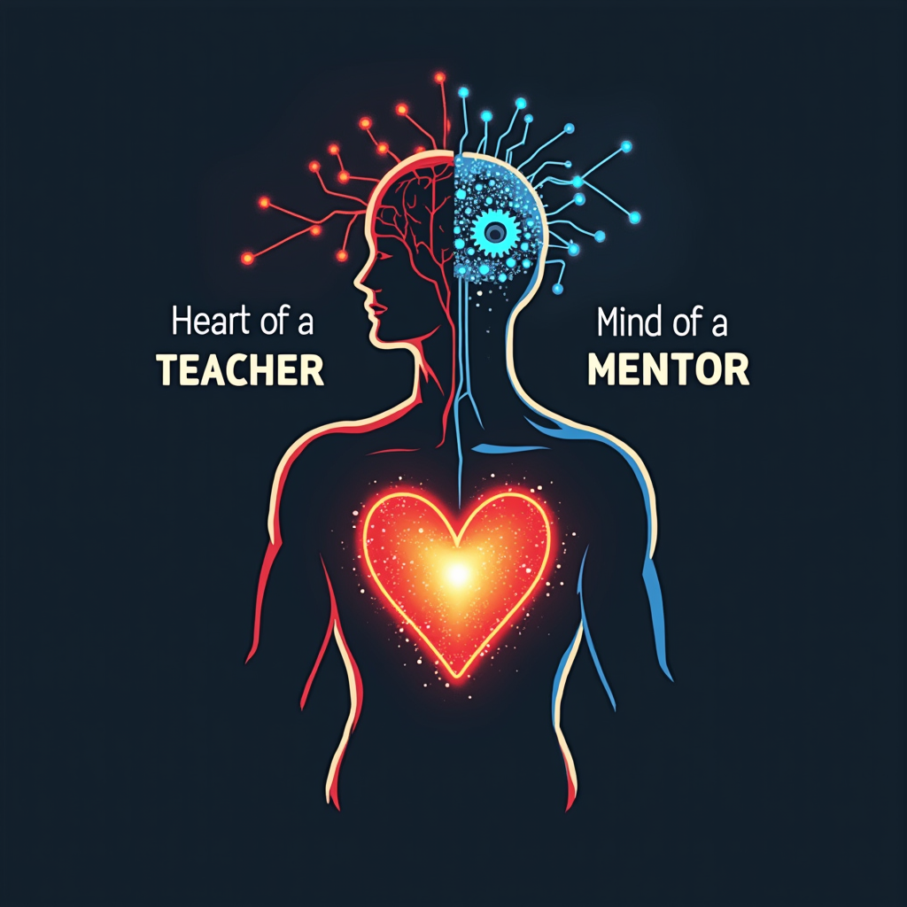 Design Idea 1 (Visual Dichotomy): A stylized human bust silhouette. The chest cavity graphically depicts a glowing heart for 'Heart of a Teacher', while the head area displays interconnected bright lines or subtle gear patterns symbolizing 'Mind of a Mentor'. The quote can be placed above or below.