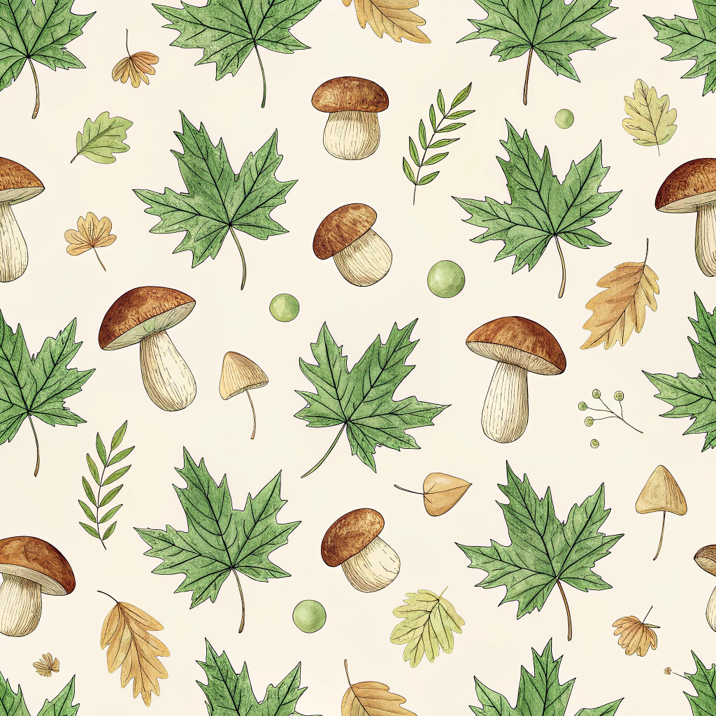 A series of scattered sycamore leaves and cylindrical mushrooms on a soft, creamy background.