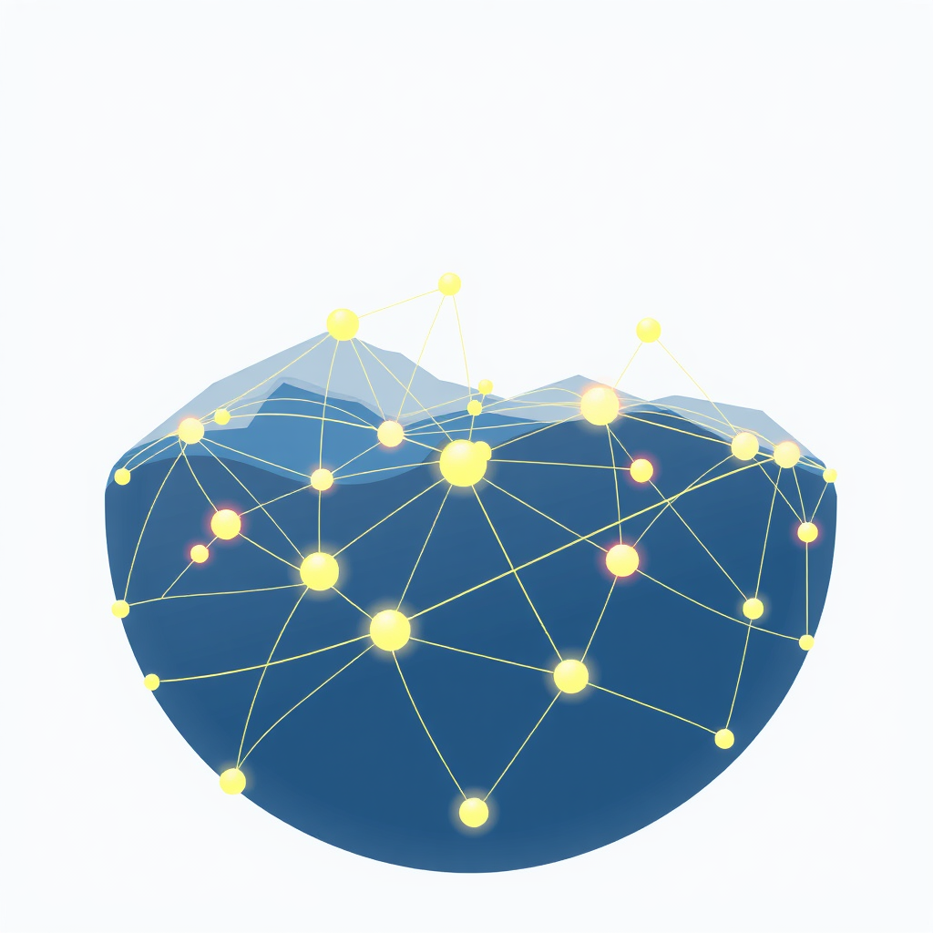 Concept 2: 'Global Nexus' - A spherical or circular arrangement of nodes, interconnected by arcing lines across the surface, implying a global community. Some nodes could be slightly larger or brighter to represent key hubs or milestones.