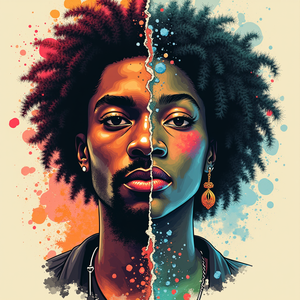 T-Shirt Design Idea 3: Split Portrait Collage. A vertically or diagonally split design. One side features a stylized portrait or iconic imagery associated with Kendrick Lamar (e.g., Kung Fu Kenny motif, 'DAMN.' typography). The other side features a stylized portrait or imagery for SZA (e.g., nature elements, dreamy visuals, 'Ctrl' text style). The full title 'The DAMN. Ctrl. Experience' could act as a bridge or header.