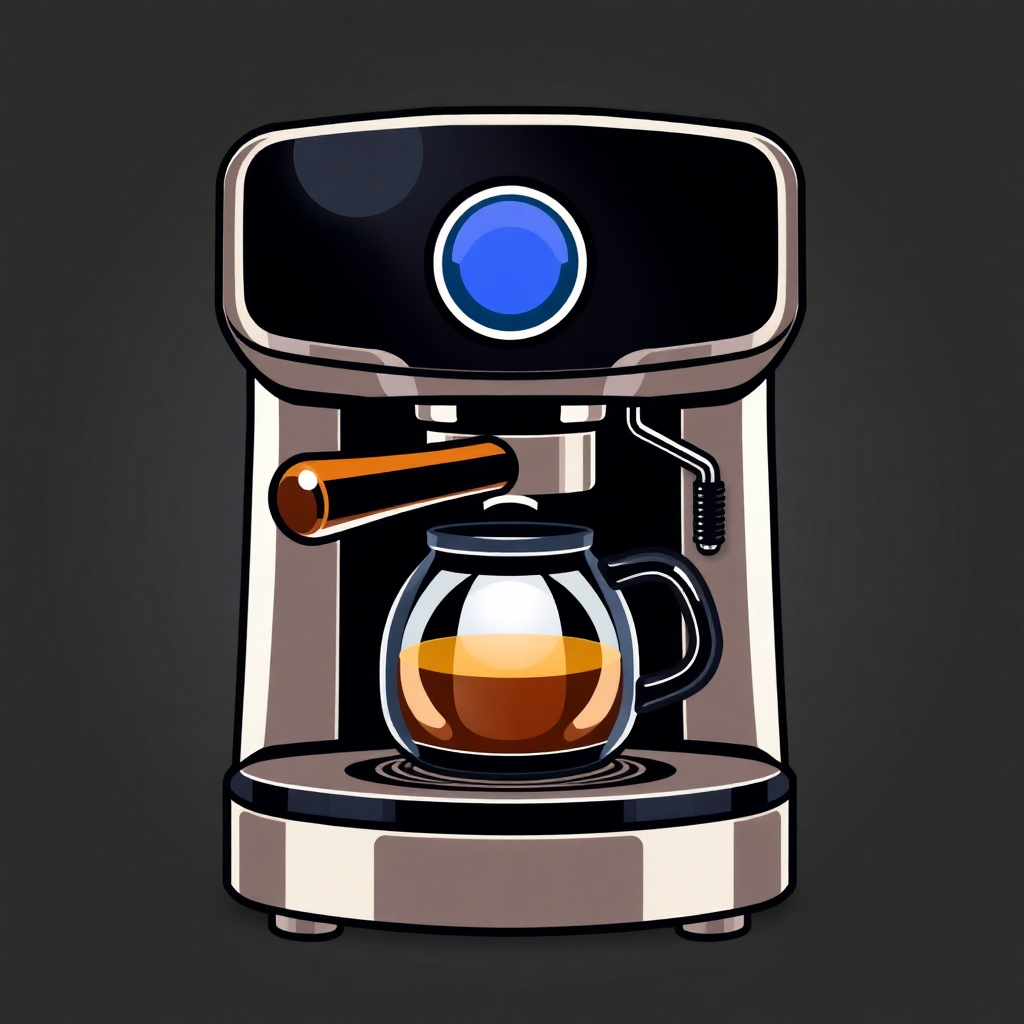 The image is a digital illustration of a coffee machine. The machine is black and silver in color and has a round blue button on the top. It has a handle on the right side and a spout on the left side. In front of the machine, there is a glass jar with a handle, which is filled with a dark liquid, possibly coffee. The jar is placed on a silver base with a black lid. The background is black, making the machine stand out.