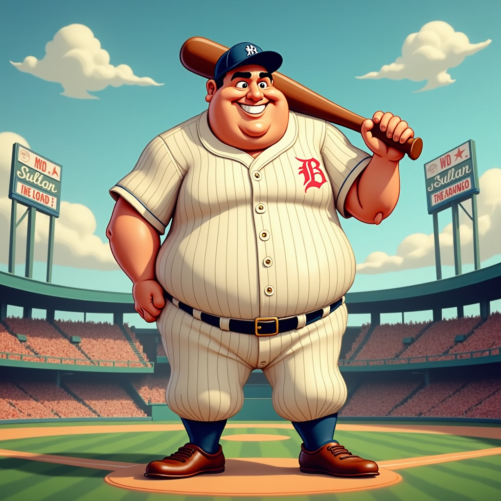 Babe Ruth depicted larger-than-life, towering over a miniature, stylized baseball stadium, perhaps holding a bat like a mighty club. Include a vintage comic-style banner proclaiming 'The Sultan of Swat!' or 'The Bambino!'