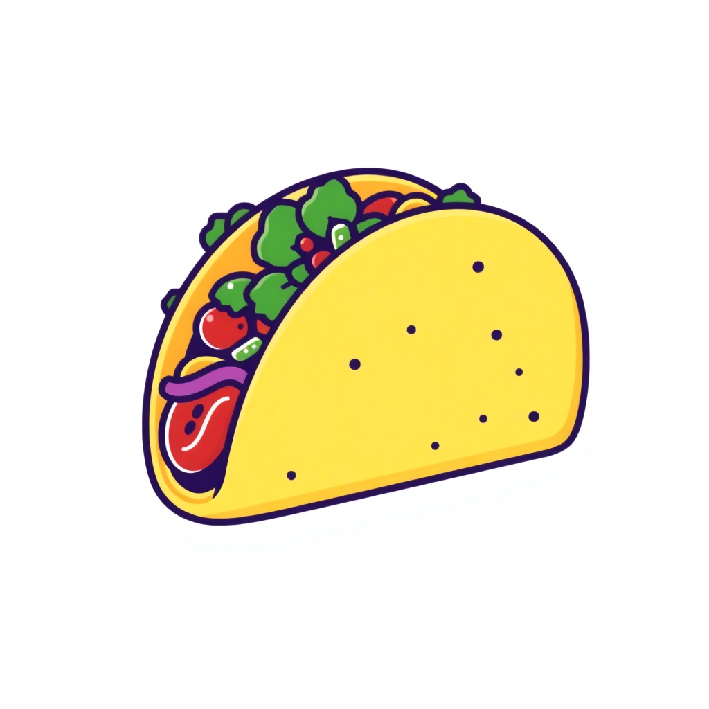 The image is a cartoon illustration of a taco. The taco is yellow in color and has small black dots on its surface. It is filled with a variety of ingredients, including lettuce, tomatoes, and other vegetables. The top of the taco is covered in a layer of red sauce, which appears to be tomato sauce. The vegetables are arranged in a circular pattern around the taco, with some overlapping each other. The background is white, making the taco stand out.