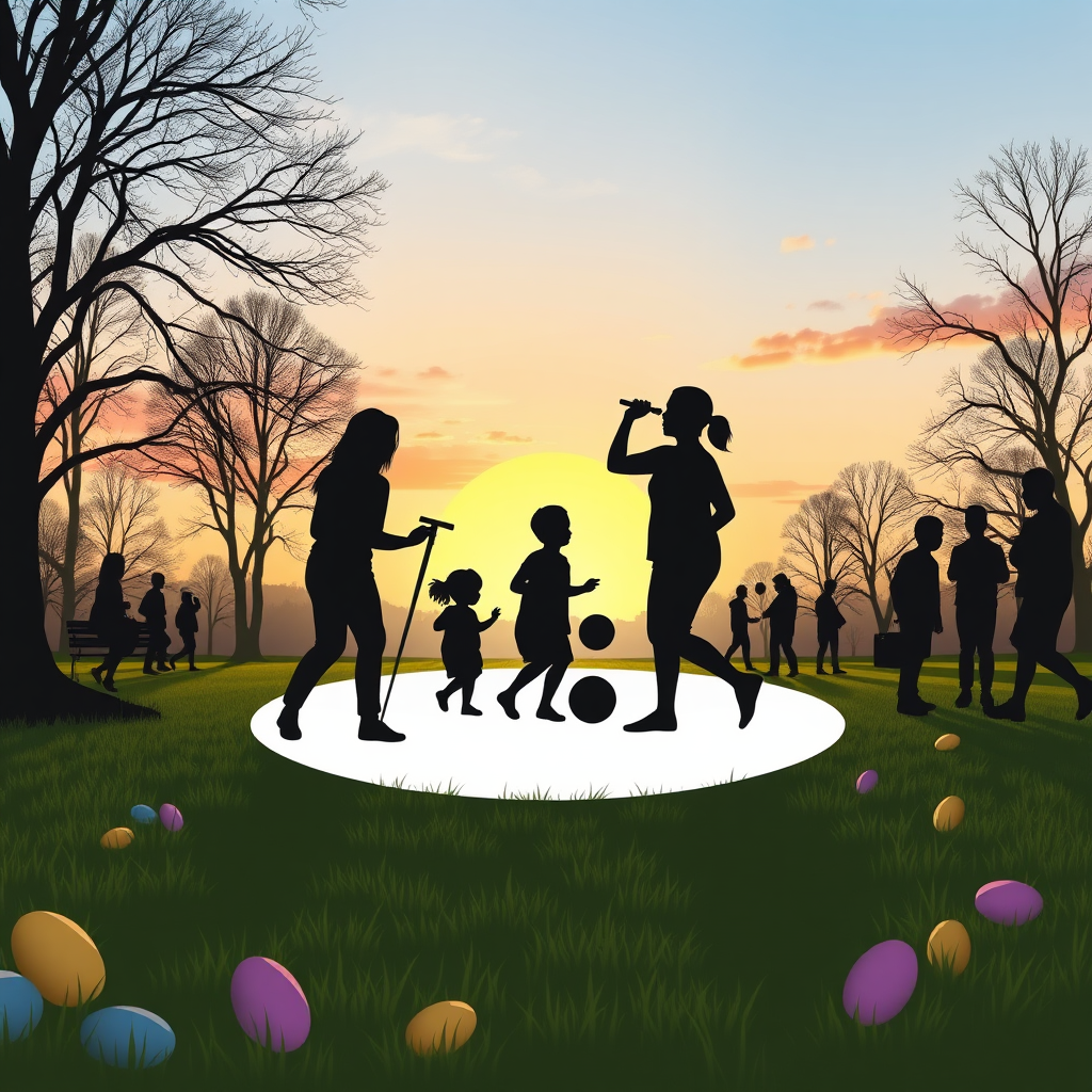 An icon featuring silhouettes of people playing games in a park against a backdrop of Easter-themed colors.