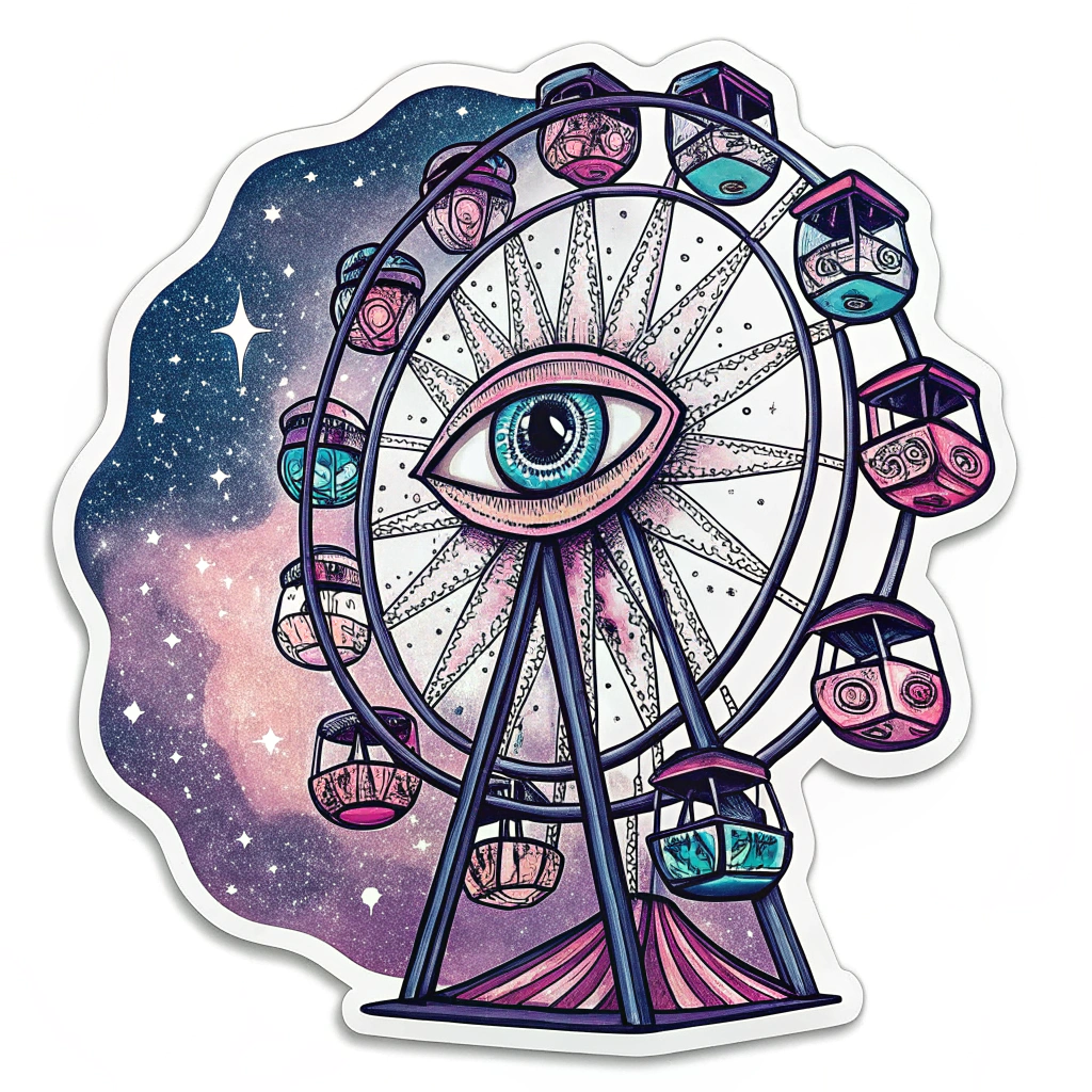 Cosmic Eye Ferris Wheel: A Ferris wheel where each car is a stylized, oversized eye with swirling psychedelic irises. The central hub could be a larger, all-seeing eye or a blooming lotus. Use vibrant neon colors and a starry night background with subtle geometric patterns.