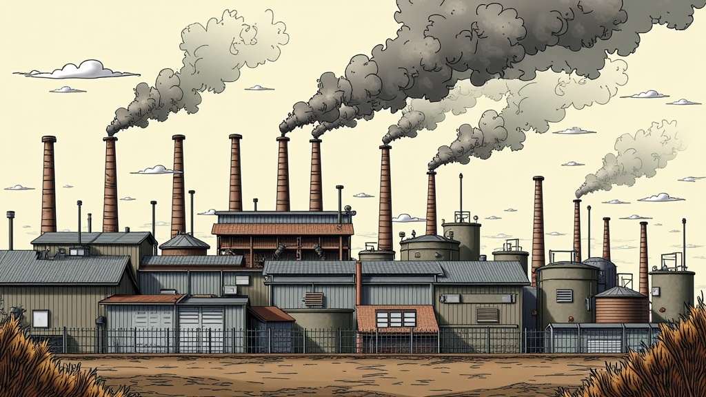 The image is an illustration of a large industrial plant with multiple chimneys emitting black smoke. The plant is located in a desert-like area with dry grass and shrubs in the foreground. The sky is a pale yellow color and there are a few clouds scattered across it. The chimneys are tall and cylindrical, with multiple rows of chimneys reaching up towards the sky. In the center of the image, there is a large building with a sloping roof and several smaller buildings surrounding it. On the right side of the building, there are several large tanks and silos. The overall mood of the illustration is bleak and desolate.