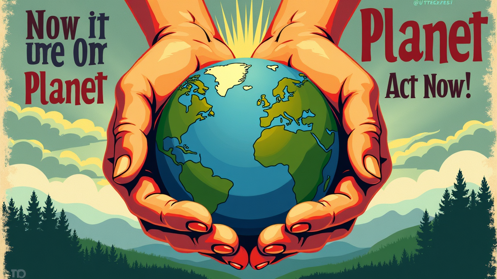 A T-shirt designed as a parody of vintage propaganda posters with an environmental call to action. Feature heroic imagery (e.g., hands protecting Earth) with urgent, bold typography like 'Our Planet, Our Responsibility: Act Now!' and a limited, impactful color scheme.