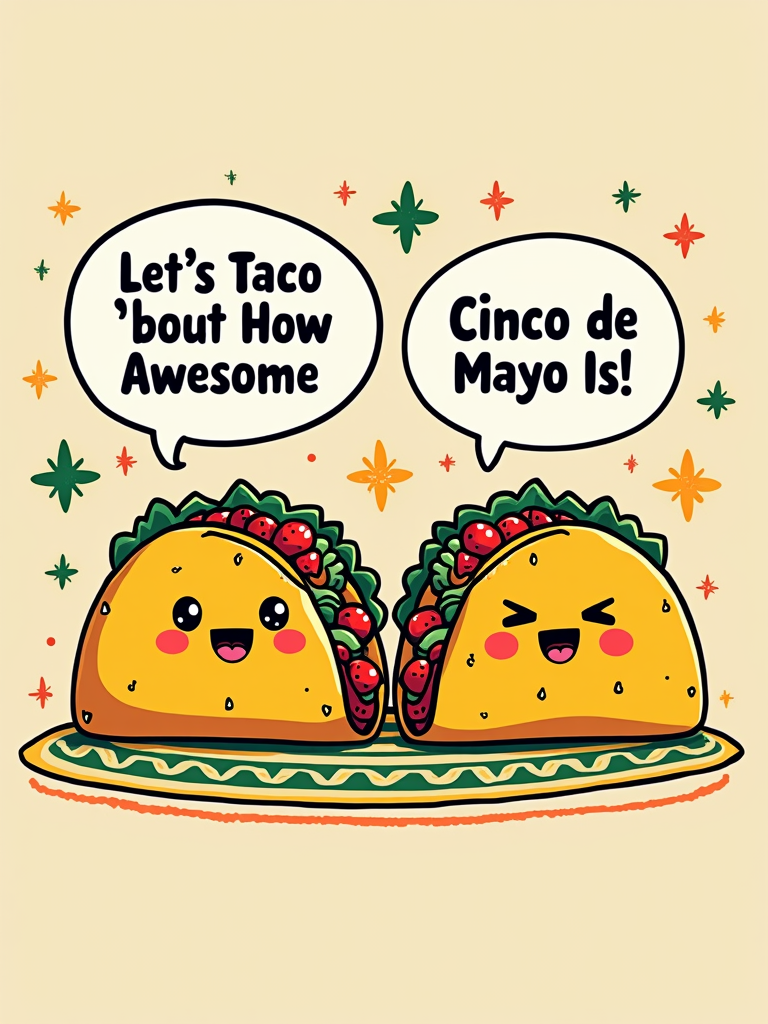 Design featuring two animated tacos 'talking,' with speech bubbles and the phrase 'Let's Taco 'Bout How Awesome Cinco de Mayo Is!' in a playful font. Include a subtle Mexican pattern in the background.