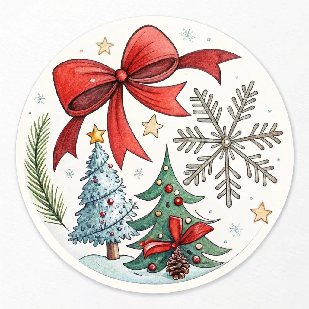 The image shows a round sticker with a painting of two Christmas trees adorned with a red bow and snowflakes, set against a white background.