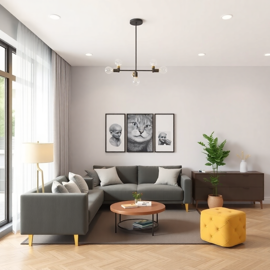  a modern living room with a large window on the left side. The window has white curtains and offers a view of the greenery outside. On the right side of the room, there is a gray sectional sofa with white throw pillows and a wooden coffee table in front of it. Above the sofa, there are three framed black and white photographs of a cat. The room is decorated with a yellow ottoman and a potted plant on the floor. A black chandelier hangs from the ceiling, adding a touch of elegance to the space.