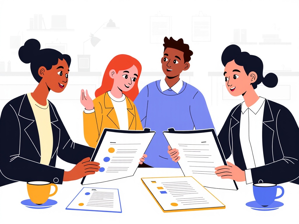 Sub-design Idea 4: Character-based illustrations showing diverse teams (legal, tech, policy) collaborating around a table reviewing compliance checklists and platform mockups.