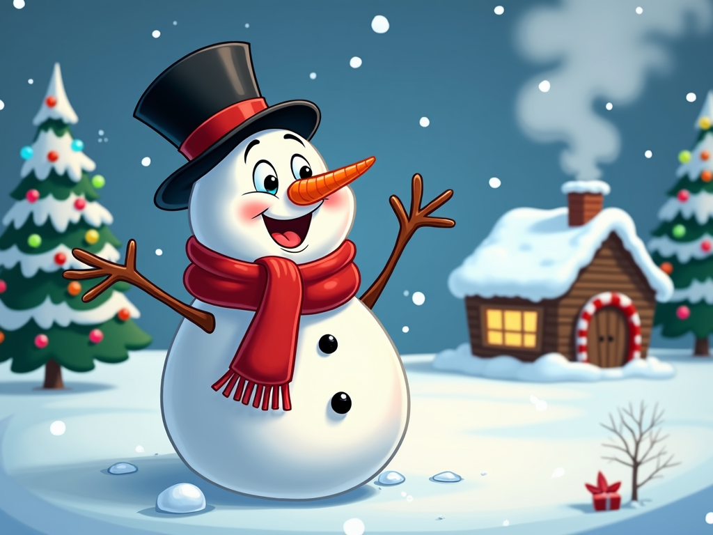 The image shows a snowman wearing a top hat and scarf standing in front of a house covered in snow. The snowman is surrounded by trees decorated with lights and other festive items, and there is a gift box and a plant nearby. The sky is filled with clouds, creating a festive atmosphere.