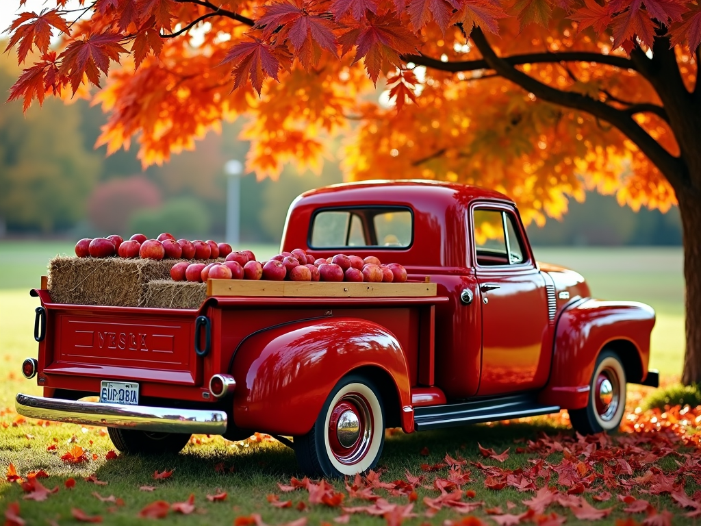 A classic red pickup truck parked under a maple tree, its back filled with freshly picked apples and hay bales.