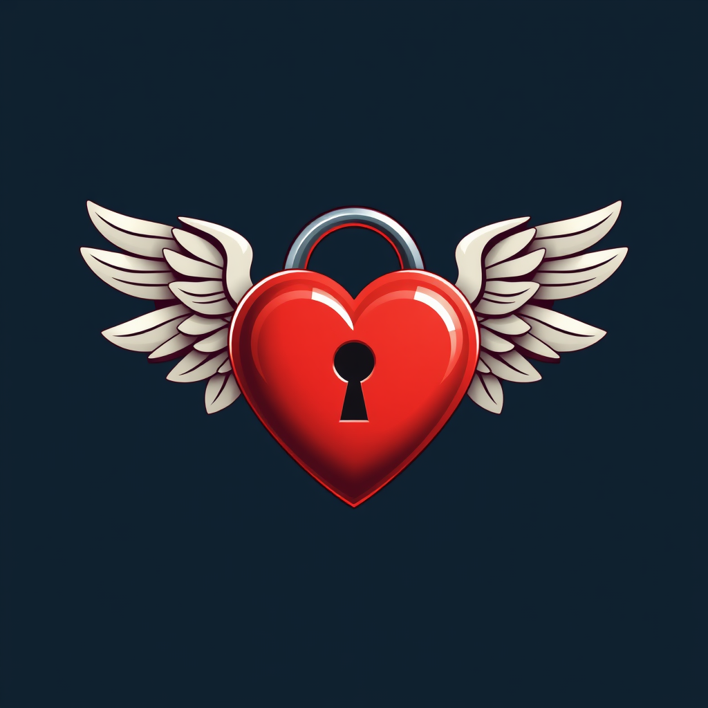 A heart-shaped lock with wings, representing freedom of love or unlocking one's heart.