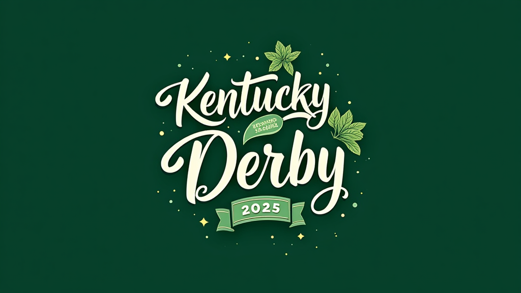 Logo Idea: A typographic logo treatment for 'Kentucky Derby 2025' where the 'O' in 'Derby' or the '0' in '2025' is cleverly stylized as a top-down view of a Mint Julep with mint, or incorporates a subtle racing horse head silhouette.