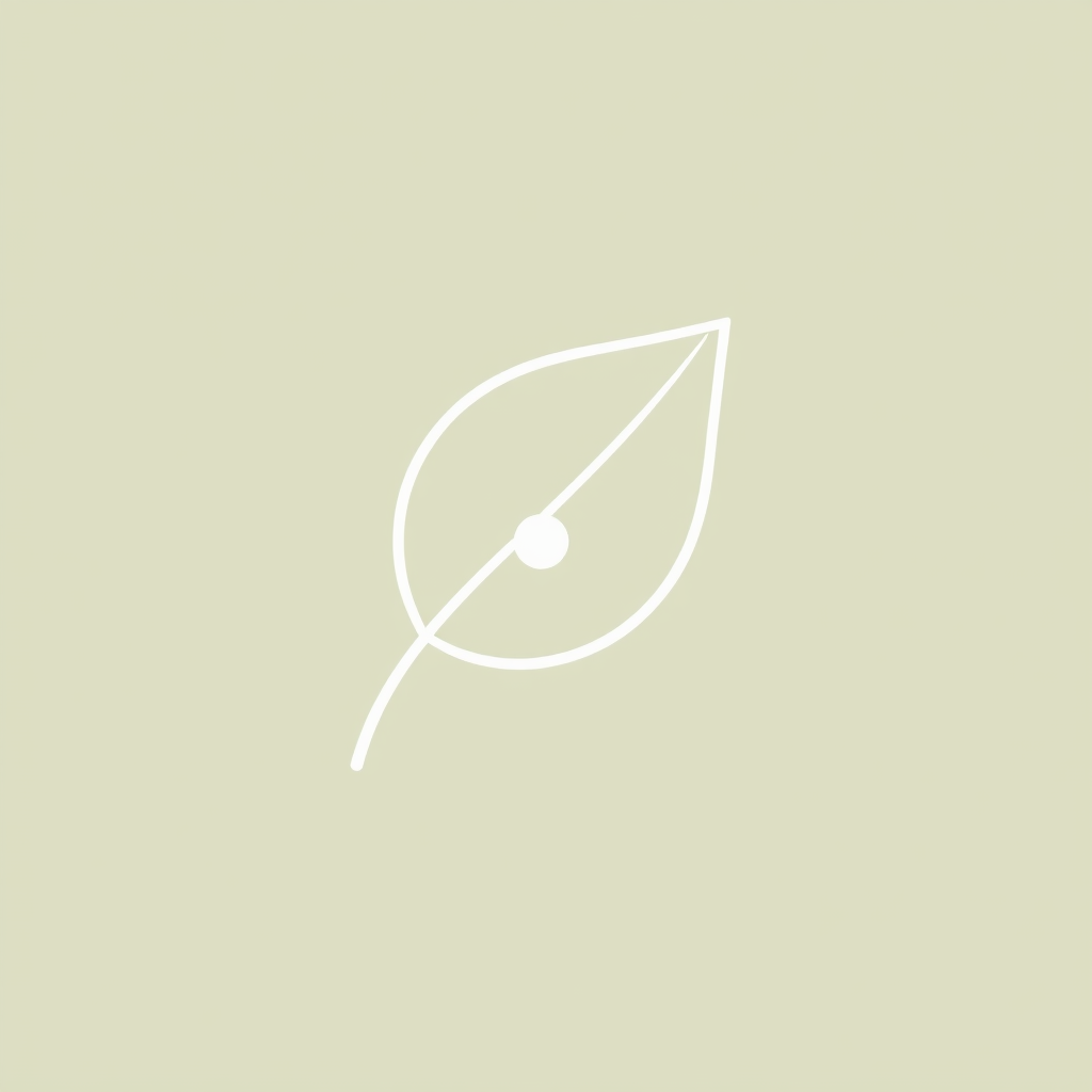 Simple icon design: A single, unbroken line forming the minimalist outline of a leaf, possibly with a tiny circle inside representing a dewdrop, for pure nature representation.
