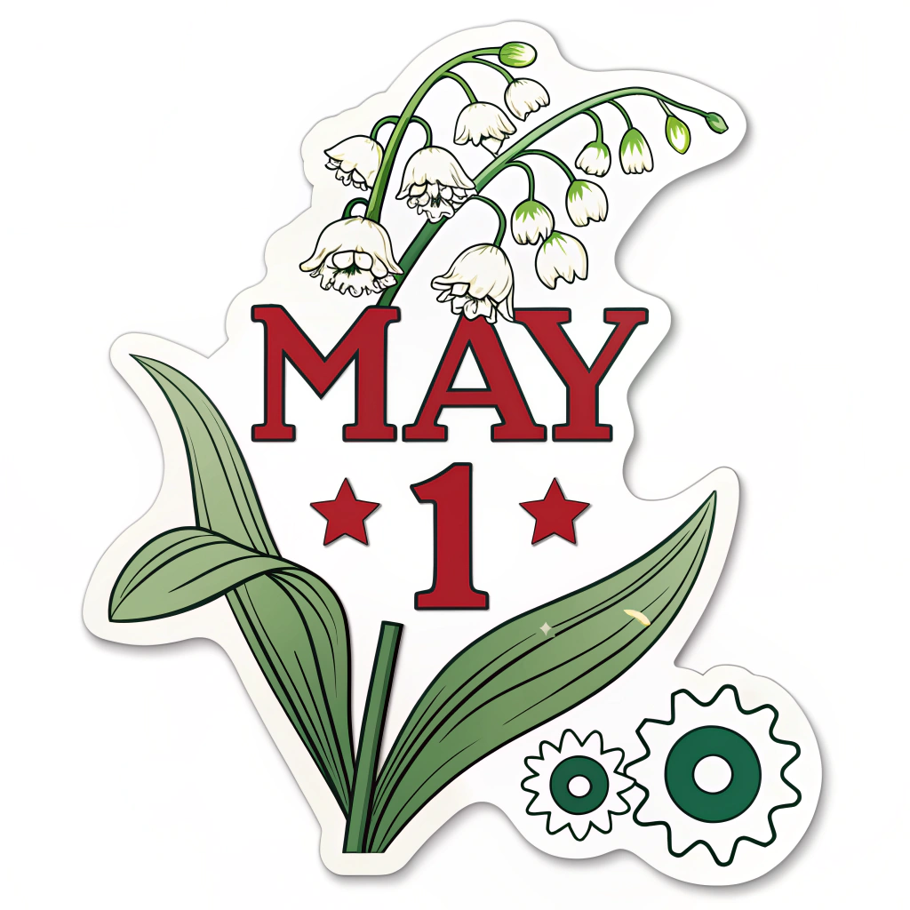 Simple Logo Idea: A bold 'MAY 1' typographic mark where the stem of the numeral '1' is a blooming flower (e.g., a lily of the valley), possibly with a small, clean gear or star at its base, signifying labor and revolutionary spirit in a logotype style.