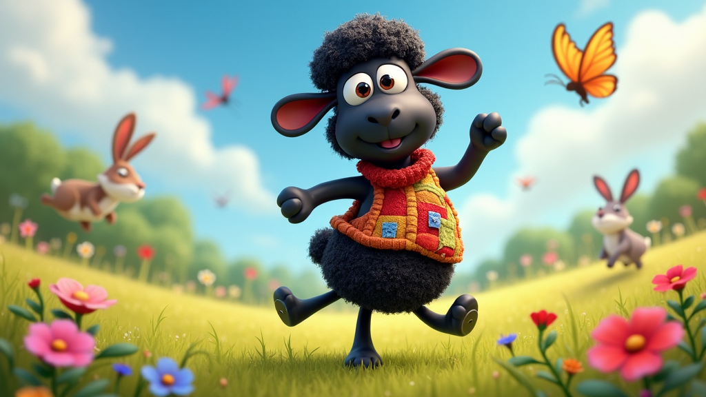 The image shows Shaun the Sheep running through a field of flowers and butterflies, with trees and clouds in the background. The image is animated, giving it a lively and vibrant feel.