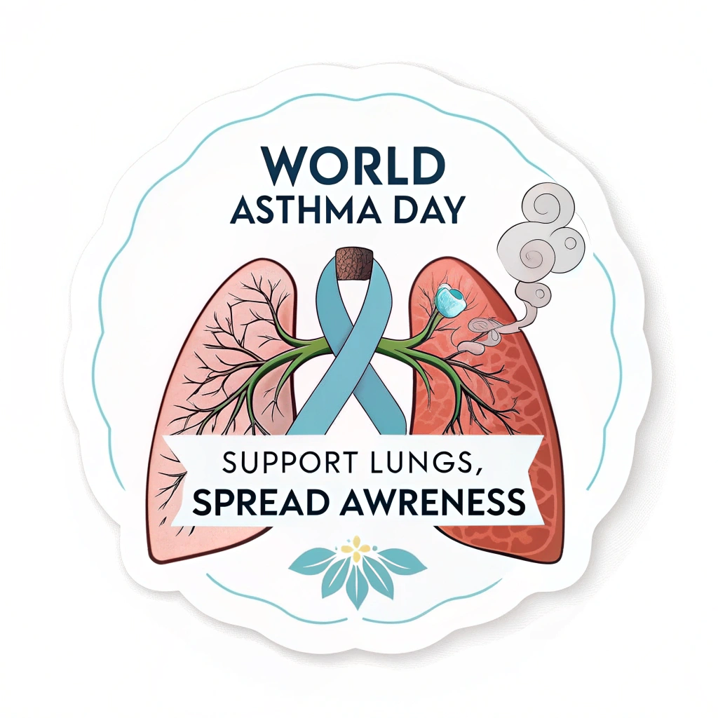 Sub-design 2: Sticker featuring a stylized illustration of healthy lungs protected by an asthma awareness ribbon. Slogan: 'Support Lungs, Spread Awareness.' with 'World Asthma Day' clearly visible.