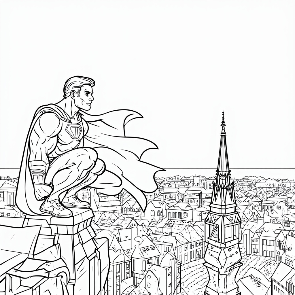 High Perch Vigilance: Superhero crouching or perched on a high point like a gargoyle or spire, overlooking a vast, intricate cityscape spreading out below.