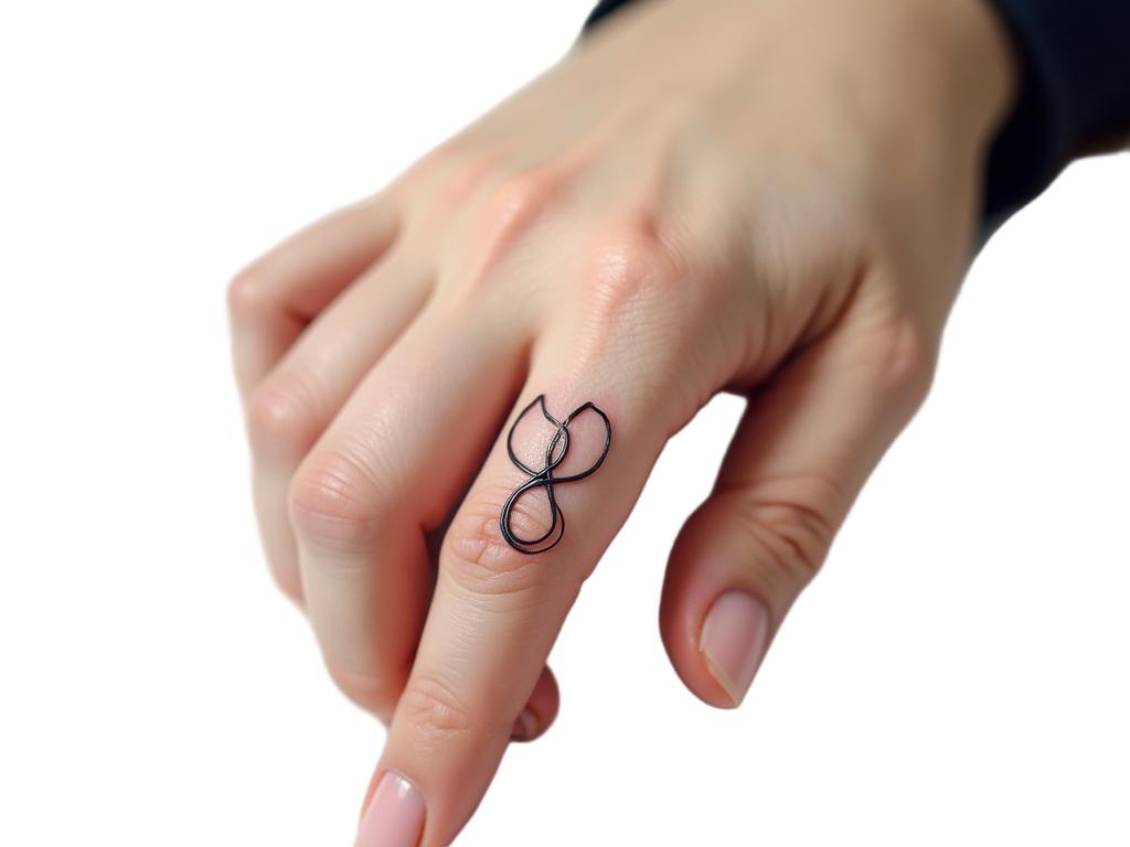 A simplistic infinity symbol tattoo on a finger, the thin black lines representing endless possibilities and timeless connections, elegantly encircling the digit.