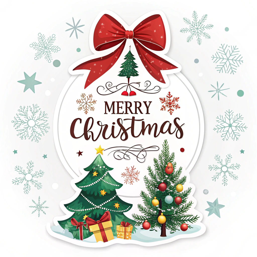 The image shows a merry christmas card with two Christmas trees adorned with colorful ornaments, gift boxes, and a red bow. The card also has some text written on it, adding to the festive atmosphere.