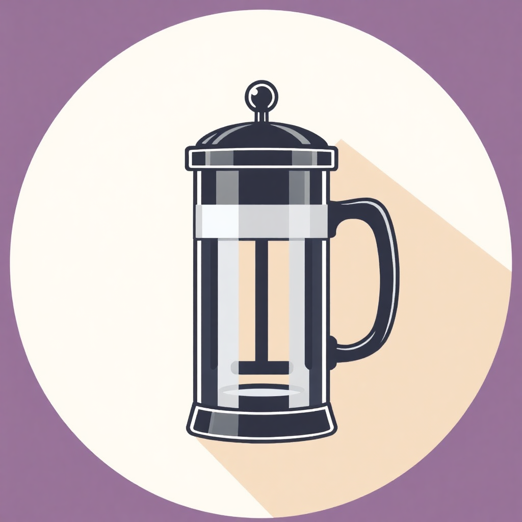 The image is an illustration of a French press coffee maker. It is a glass jar with a black lid and a handle on top. The jar is filled with a clear liquid, which appears to be freshly brewed coffee. The lid has a small knob on top, which is likely used to open and close the jar. The background is a light purple color with a white circle in the center. The overall design is simple and minimalistic.