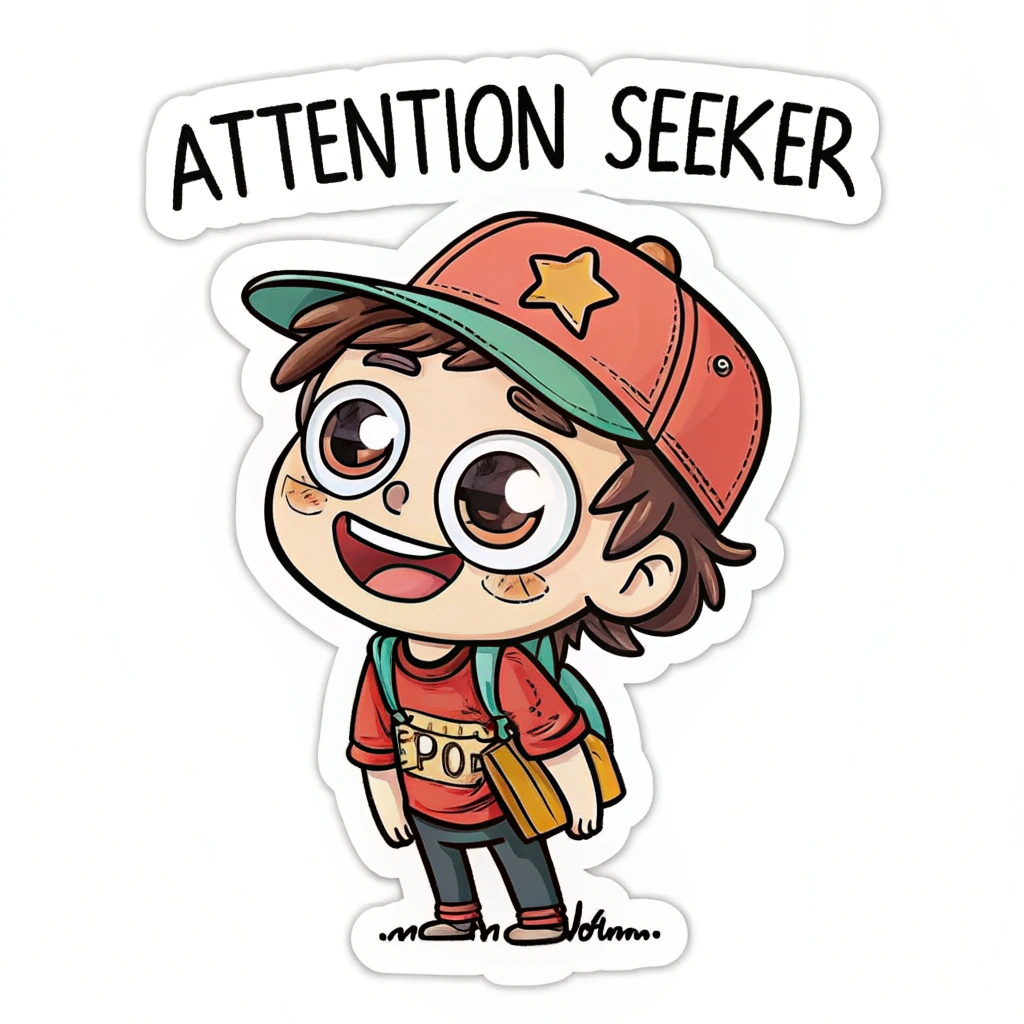 The image shows a cartoon sticker of a boy wearing a red shirt, a cap, and a backpack, with the words 