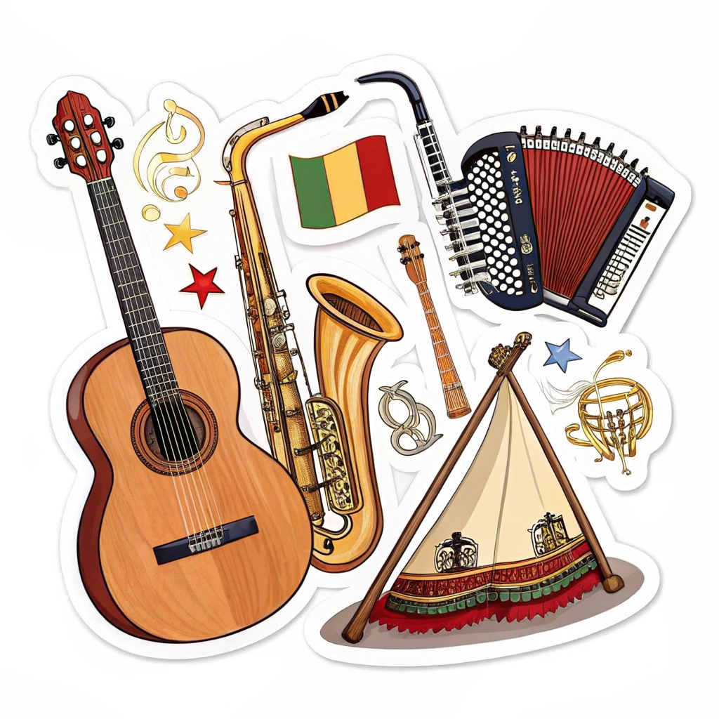 Design a sticker displaying various musical instruments that are famous in different European countries.