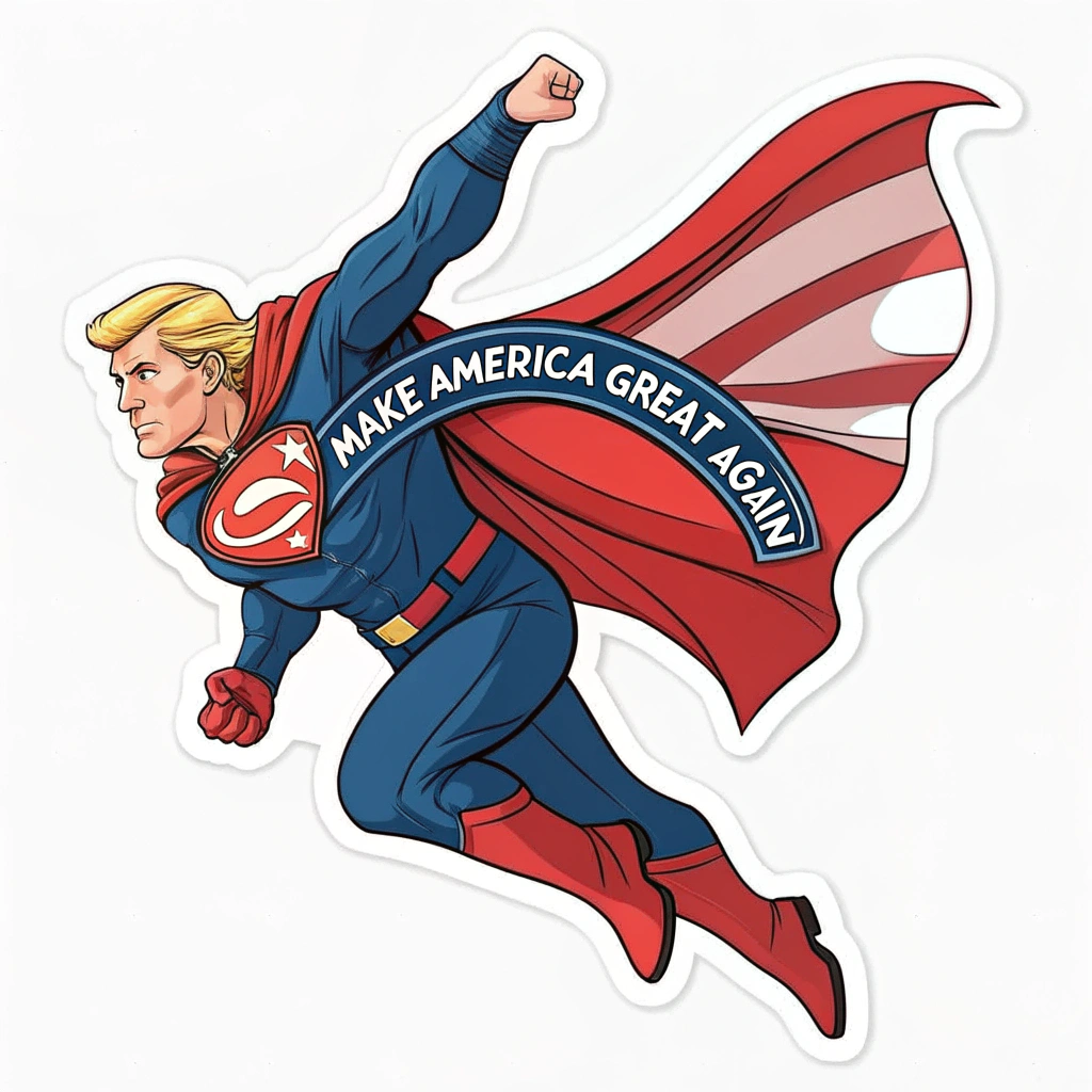 A sticker of Donald Trump in a superhero costume, with a 'Make America Great Again' cape, flying through the air.