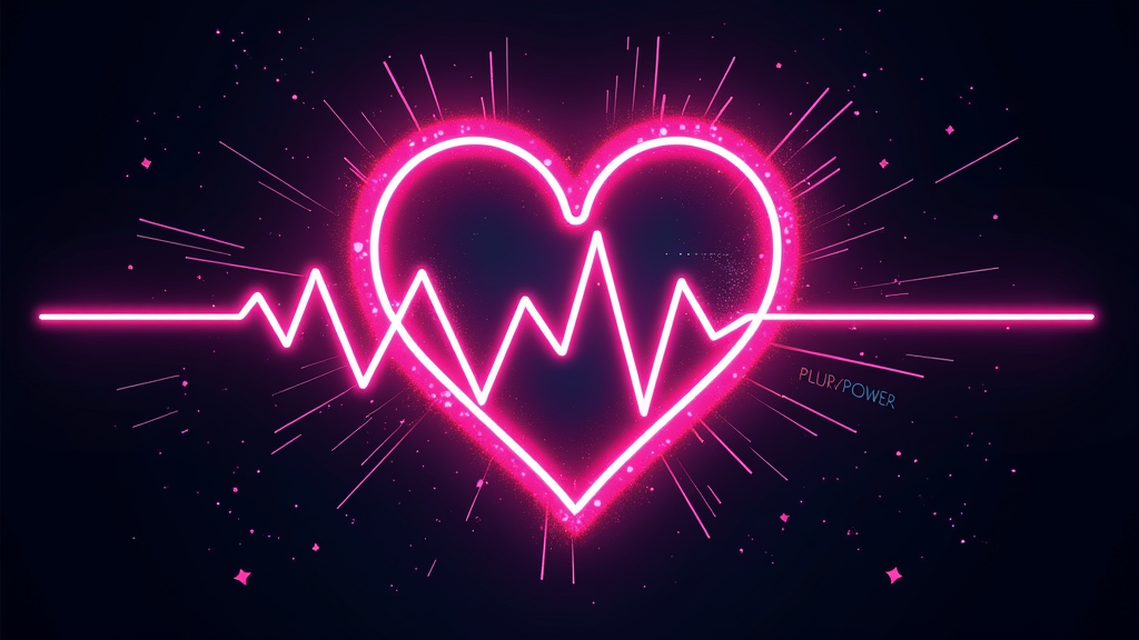 A vibrant neon heart with an EKG line pulsing through it, morphing into an electric daisy. The words 'PLUR POWER' are integrated into the EKG line in a sleek, modern font. Background could feature abstract geometric patterns reminiscent of EDC stages.