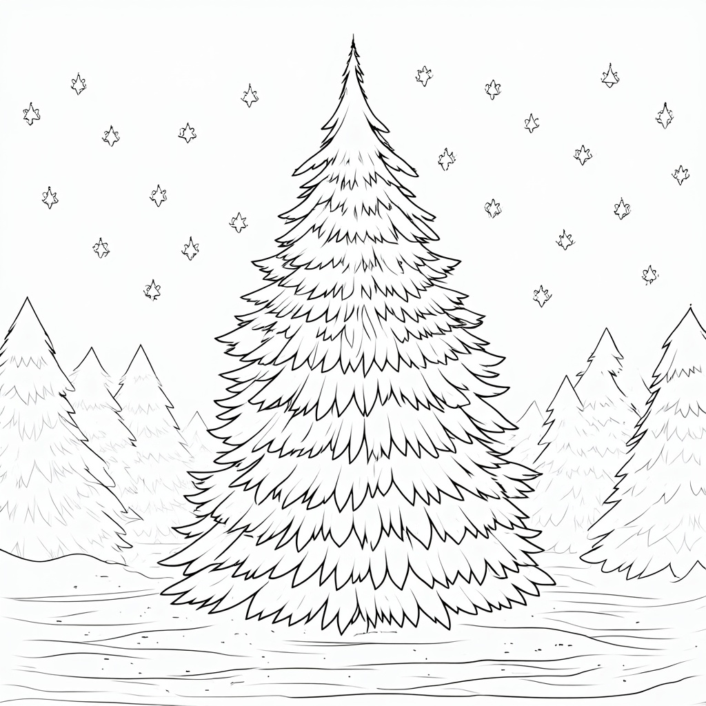 The image is a black and white line drawing of a Christmas tree in the middle of a snowy landscape. The tree is tall and slender with a pointed top and a conical trunk. It is surrounded by other trees of different sizes and shapes. The trees are covered in snow and there are small snowflakes falling from the sky. The background is a light blue sky with a few clouds. The overall mood of the image is peaceful and serene.