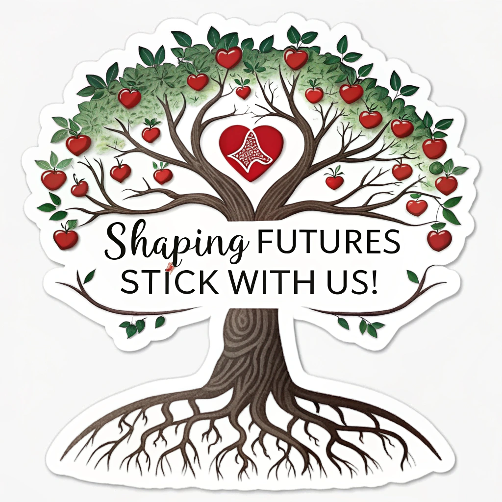 Sub-design 1 (Nurturing Growth): An apple tree with deep, visible roots, where the apples are subtly heart-shaped or book-shaped, symbolizing knowledge and care. The slogan 'Shaping Futures: Stick With Us!' is elegantly wrapped around the tree trunk or forms part of the strong root system to emphasize stability and continued growth.