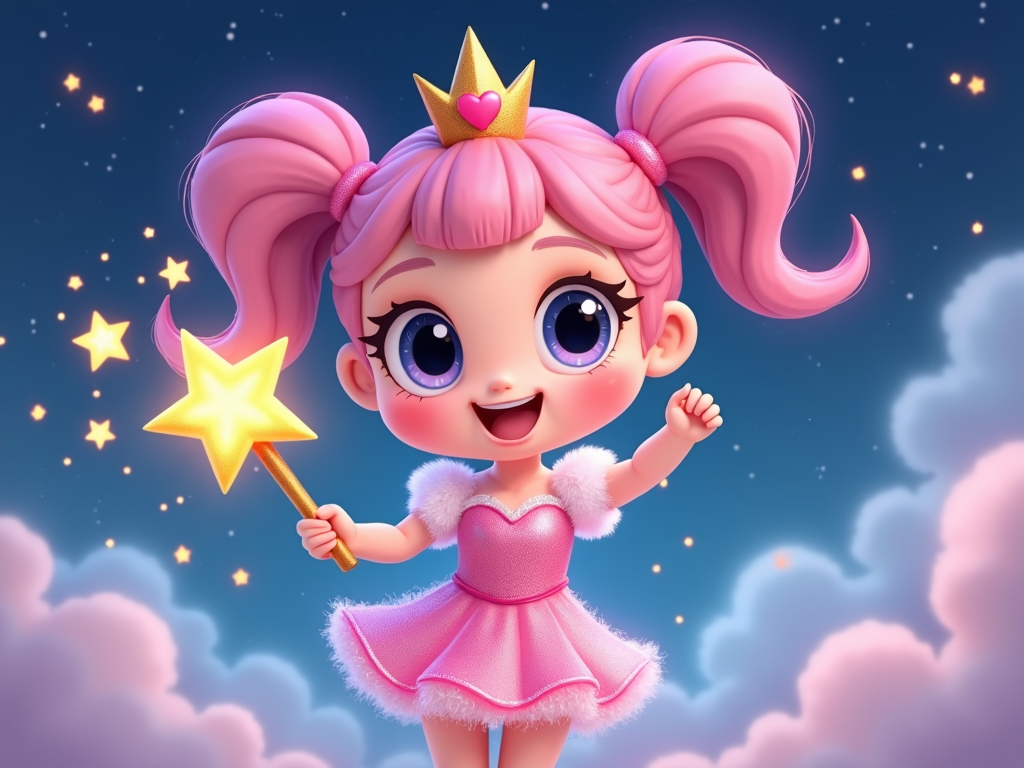 A chibi-style princess with a star-shaped tiara, holding a glowing star wand. She's surrounded by tiny, twinkling stars.